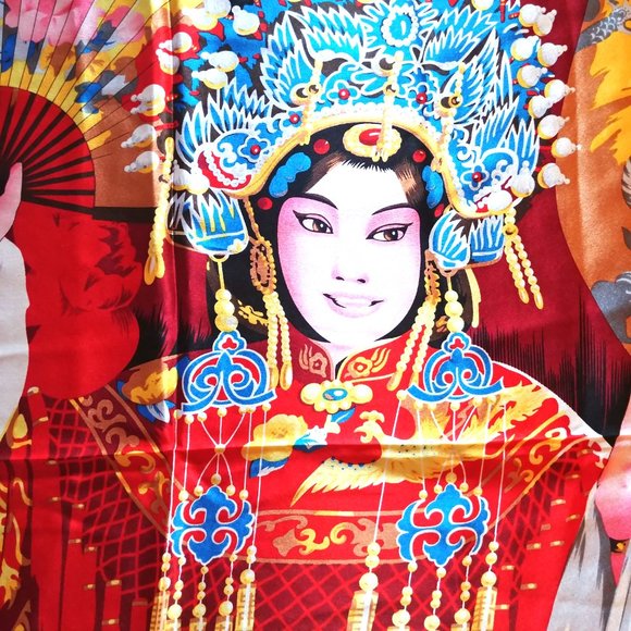 Vintage Large Square Silk Scarf - Asian Motif - Red Black - 43 inch square - Picture 4 of 4